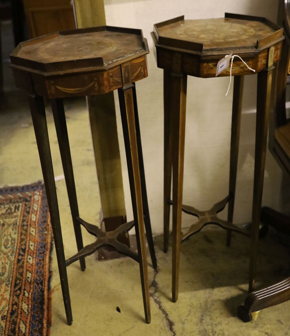 A pair of Sheraton design inlaid octagonal urn stands, width 30cm, height 80cm